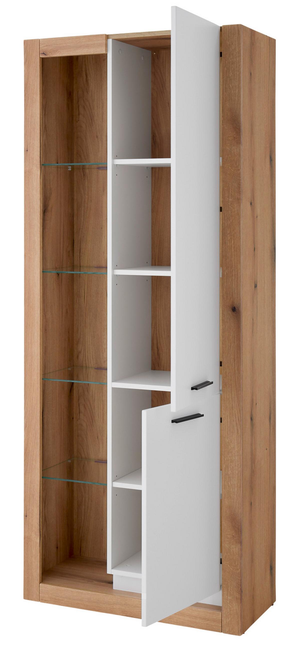 VITRINE weiß matt, Evoke Eiche, Vitrinenschrank 80 x 195 cm - Eichefarben/Silberfarben, Glas/Holzwerkstoff (80/195/37cm) - Furn.Design