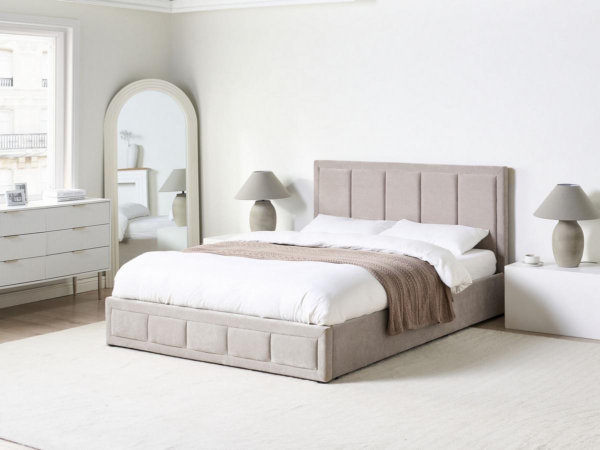 BETT mit Stauraum 160/200 cm Chenillegewebe Taupe Quiberon - Taupe, Textil (160/200cm) - Beliani
