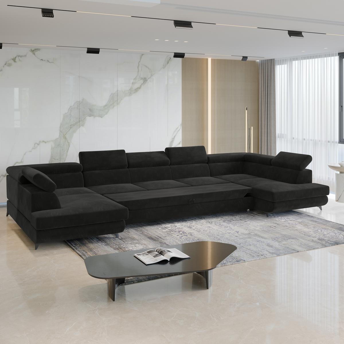 WOHNLANDSCHAFT URMANO Schwarz Velours-Stoff mit Schlaffunktion - Schwarz, Holz (395/89/190cm) - MASSENO