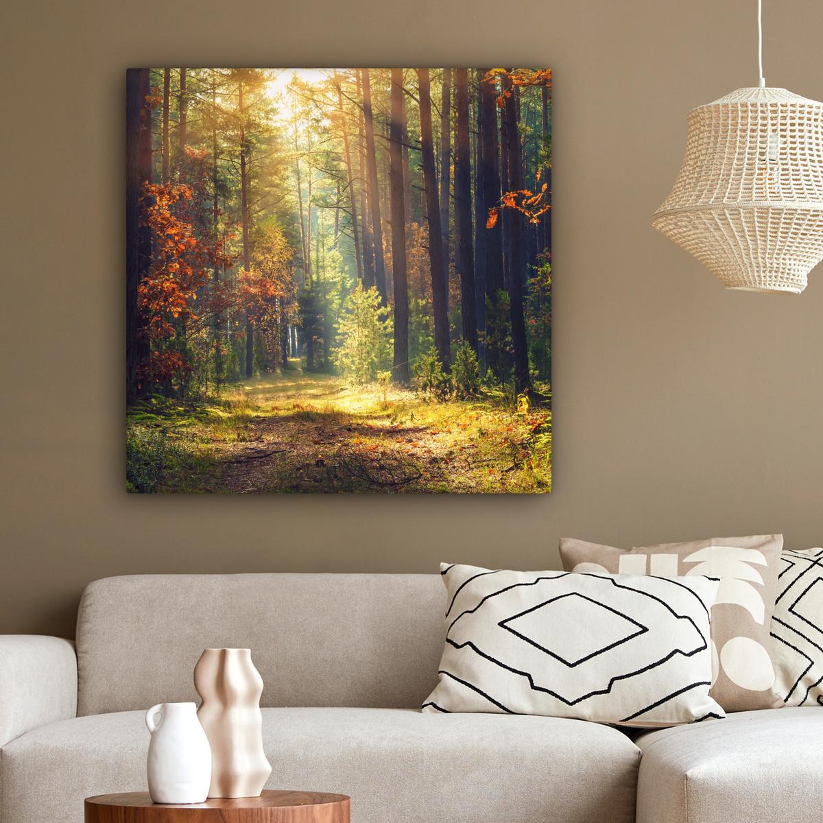 LEINWANDBILD Wald - Herbst - Bäume Deko Groß 90x90 cm - Dunkelgrün, Textil (90/90cm) - MuchoWow
