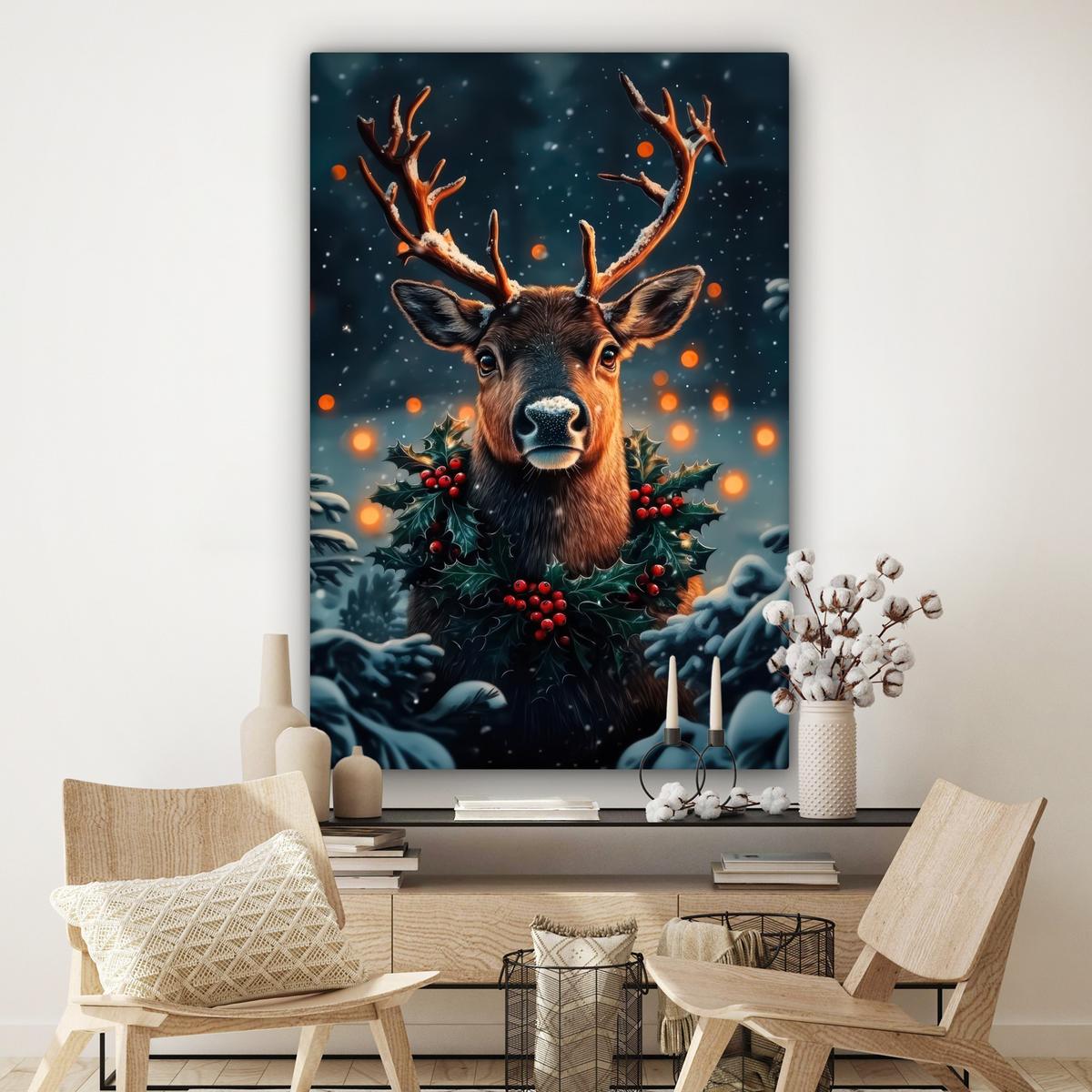 LEINWANDBILD Hirsch - Weihnachten - Winter - Schnee - Weihnachtskranz Deko Groß 90x140 cm - Dunkelbraun, Textil (90/140cm) - MuchoWow
