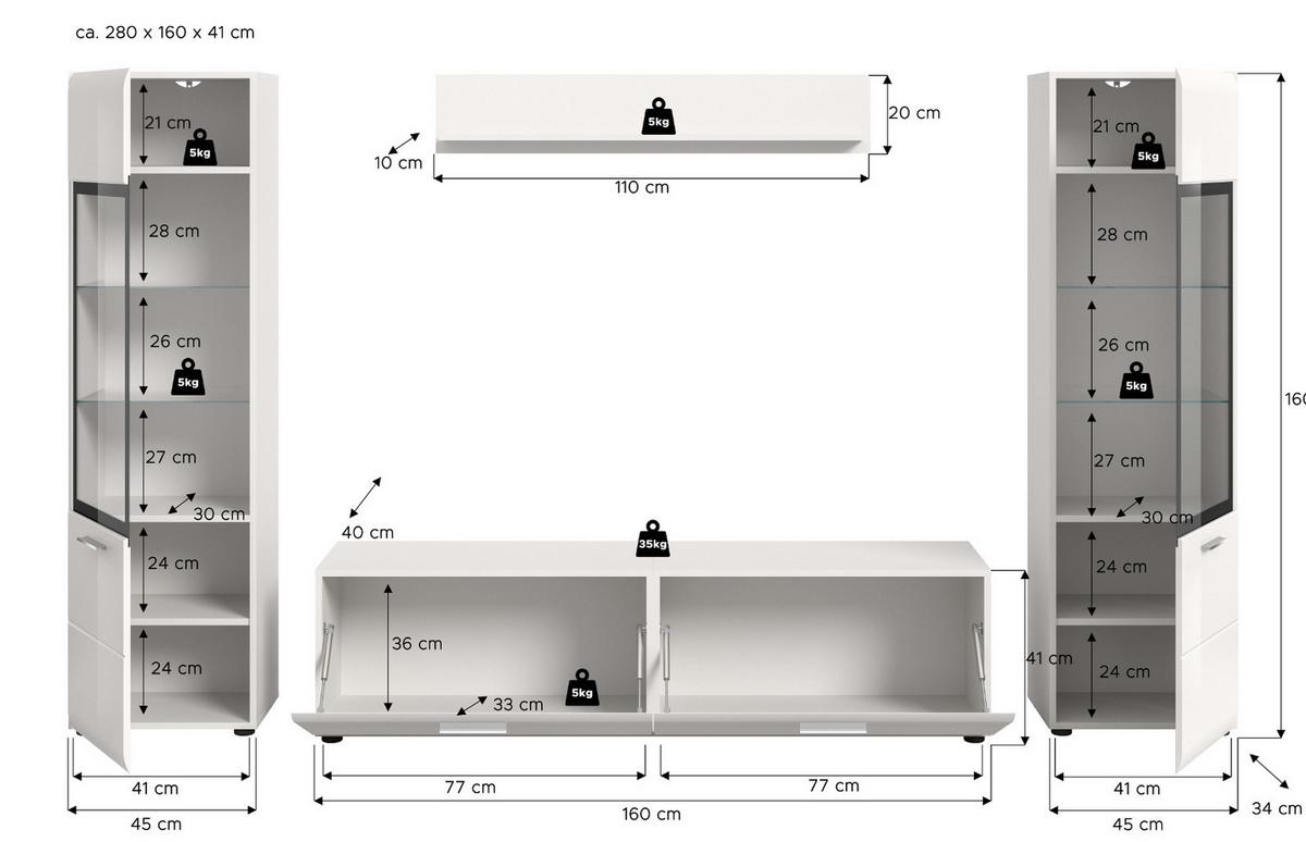 WOHNWAND weiß Hochglanz 4-teilig 280 cm, Schrankwand mit 2 Vitrinen - Weiß Hochglanz/Silberfarben, Glas/Holzwerkstoff (280/160/41cm) - Inn.Furn