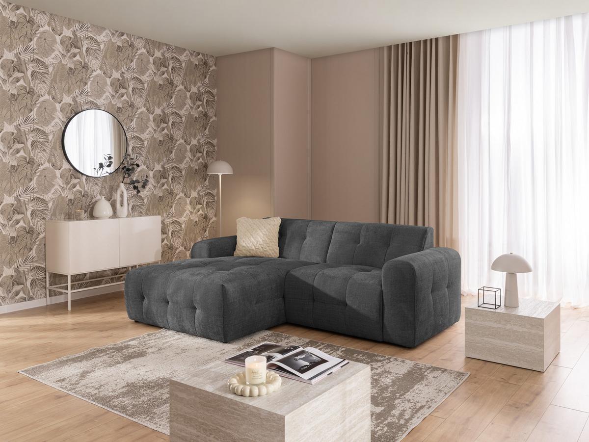 ECKSOFA Kozy im Bumpy-Design mit fester Rückenlehne aus weichem Grau Chenille-Stoff - Ottomane links - Schwarz/Grau, Holz/Kunststoff (161/234cm) - S-Style Möbel