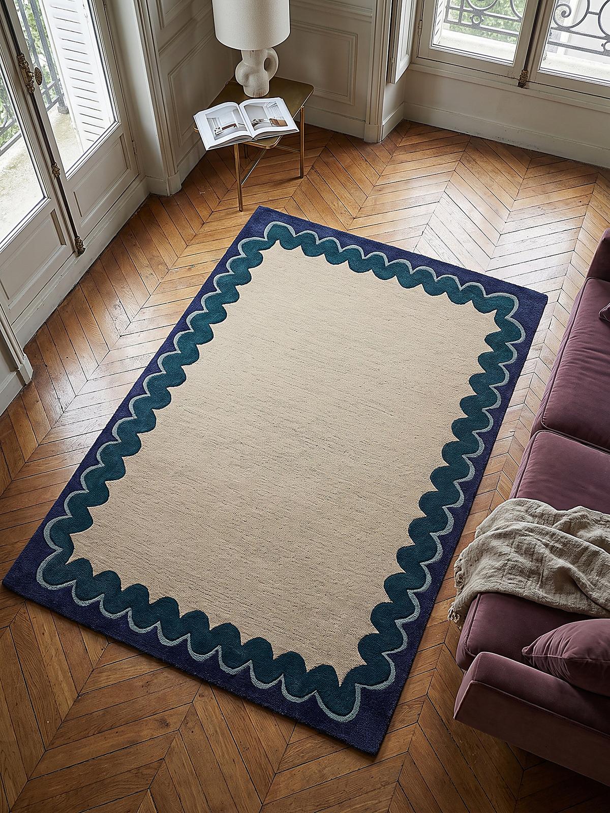 WOLLTEPPICH handgetuftet WAVENEY, Zickzack-Wellenbordüre, Petrol, 140 x 200 cm - Türkis, Textil (140/200cm) - KADIMA DESIGN