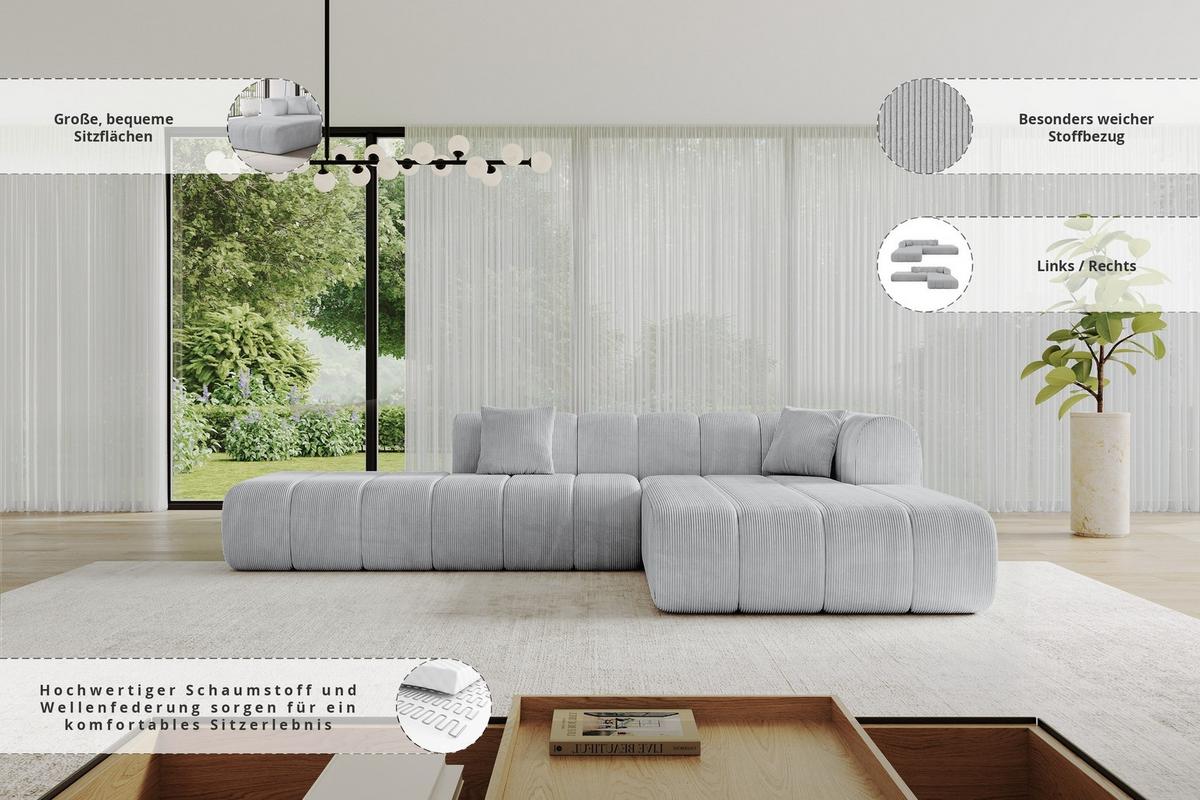 ECKSOFA Ottomane Rechts BILA-L 289x176x71 Grau Cord - Alufarben/Schwarz, Holzwerkstoff/Kunststoff (289/176cm) - ALTDECOR