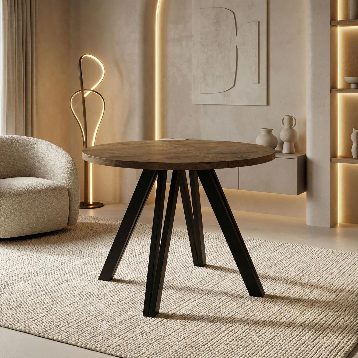 ESSTISCH Ravero runder ausziehbarer, Eiche Braun Rustikal 100-180/100/77 cm - Alteiche/Schwarz, Holz/Holzwerkstoff (100/180/76.5cm) - WFL GROUP