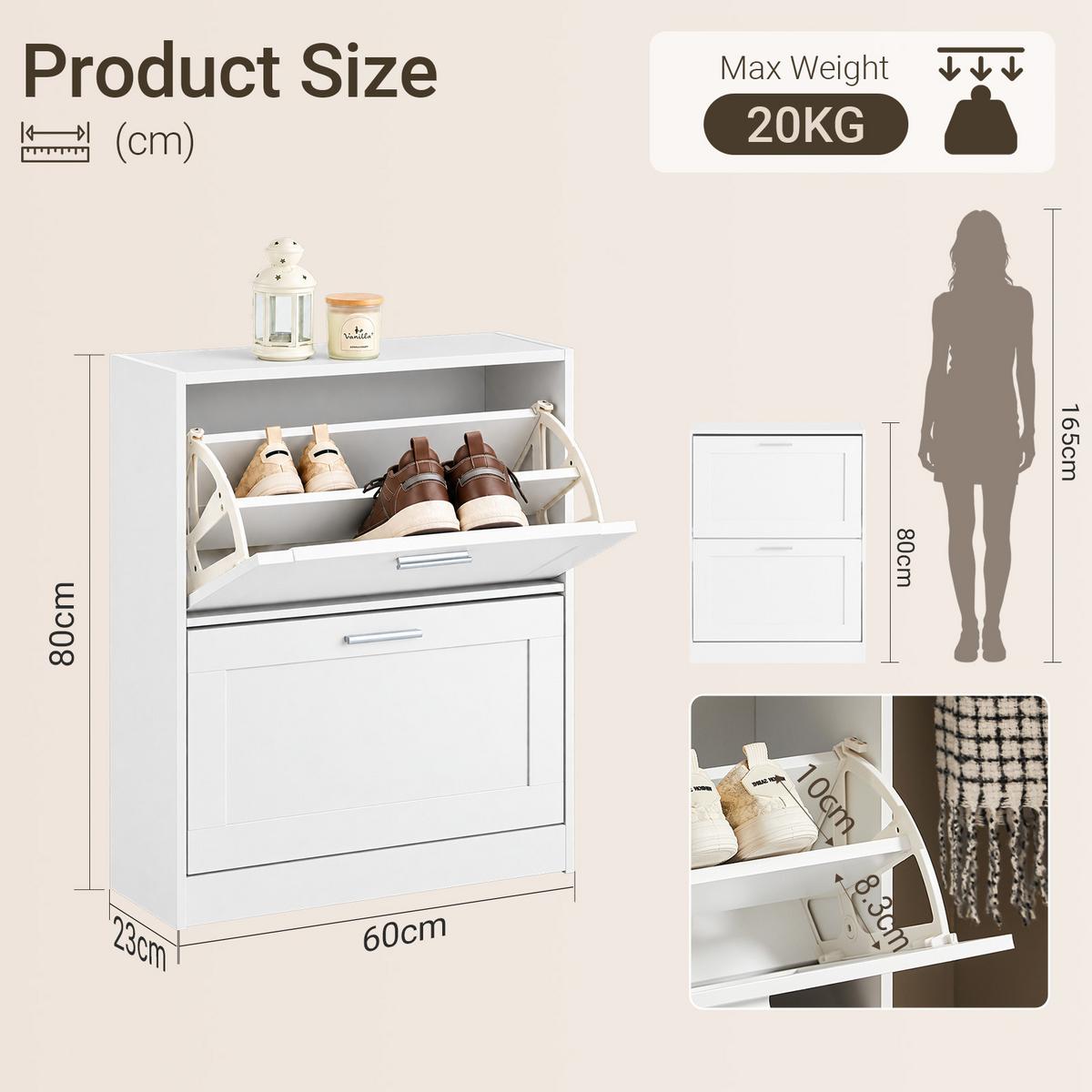 SCHUHSCHRANK Weiß, 60 cm breit, 23 cm tief, 79 cm hoch, 2 Klappen, ca. 8 Paar Schuhe, für Flur und hinter der Tür - Weiß, Holzwerkstoff (60/80/25cm) - SoBuy