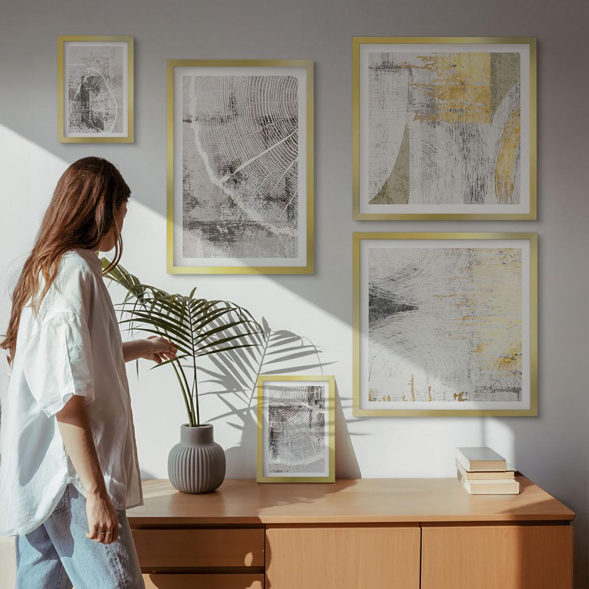BILDER SET 5er Set - 50x50 cm & 20x30 cm & 40x60 cm Goldrahmen - Beige abstrakte Formen Linien - Goldfarben, Kunststoff (40/60cm) - TULUP