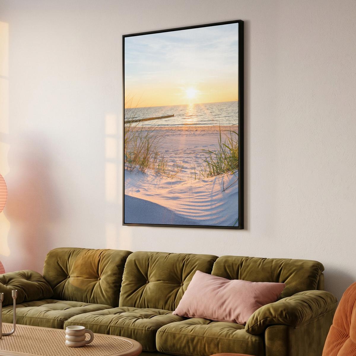 LEINWAND Bilder mit Rahmen - Strand - Sonne - Düne - Gras - Sand - Horizont - 90x140 - Hellblau, Textil (90/140cm) - MuchoWow