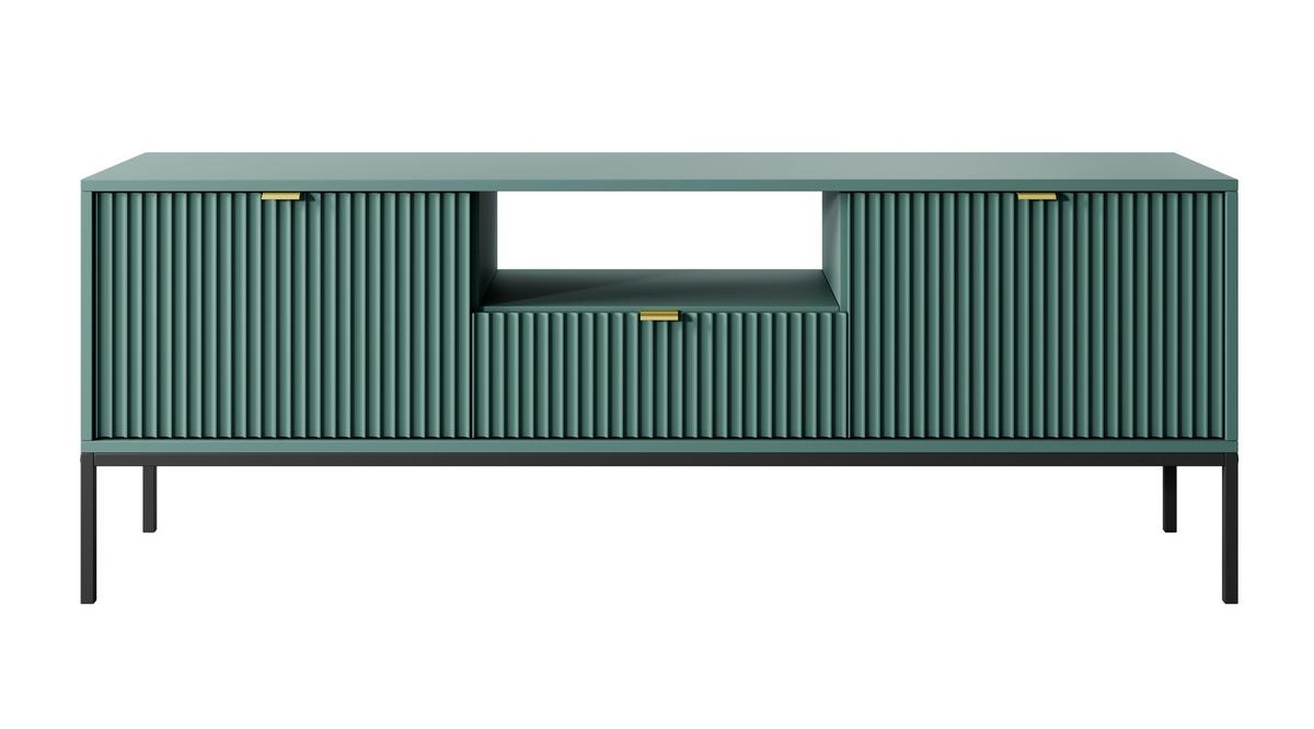 LOWBOARD Eternas 2T 1S Grün 154/56/39 cm – schwarze Füße, mit geriffelten Fronten und offener Ablage - Schwarz/Grün, Holzwerkstoff (154/56/39cm) - AX Living