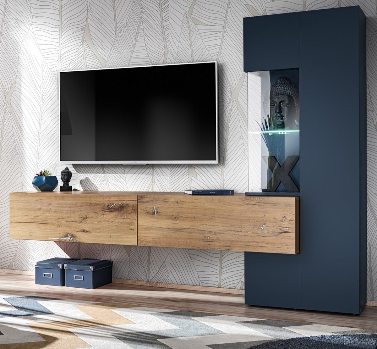WOHNWAND Zinneiche, blau 210 cm, Schrankwand inklusive Beleuchtung - Blau/Eichefarben, Glas/Holzwerkstoff (210/162/40cm) - Furn.Design