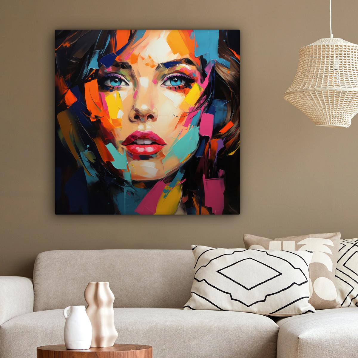 LEINWANDBILD Frau - Porträt - Farbenfroh - Kunst Deko Groß 90x90 cm - Multicolor, Textil (90/90cm) - MuchoWow