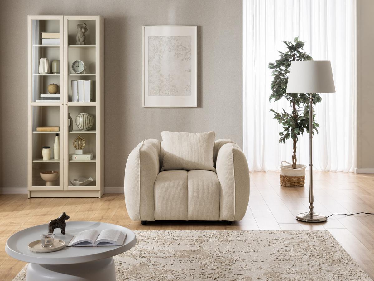 SESSEL Nubira in tief gesteppter Bubble-Optik aus weichem Hellbeige Strukturstoff im modernen Design - Beige/Schwarz, Holz/Kunststoff (115/69/89cm) - S-Style Möbel
