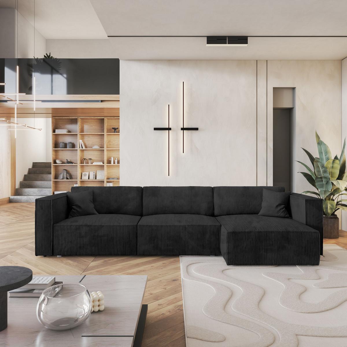 ECKSOFA TOLMO P Schwarz Kordstoff mit Schlaffunktion - Schwarz/Grau, Holz/Kunststoff (347/148cm) - MASSENO
