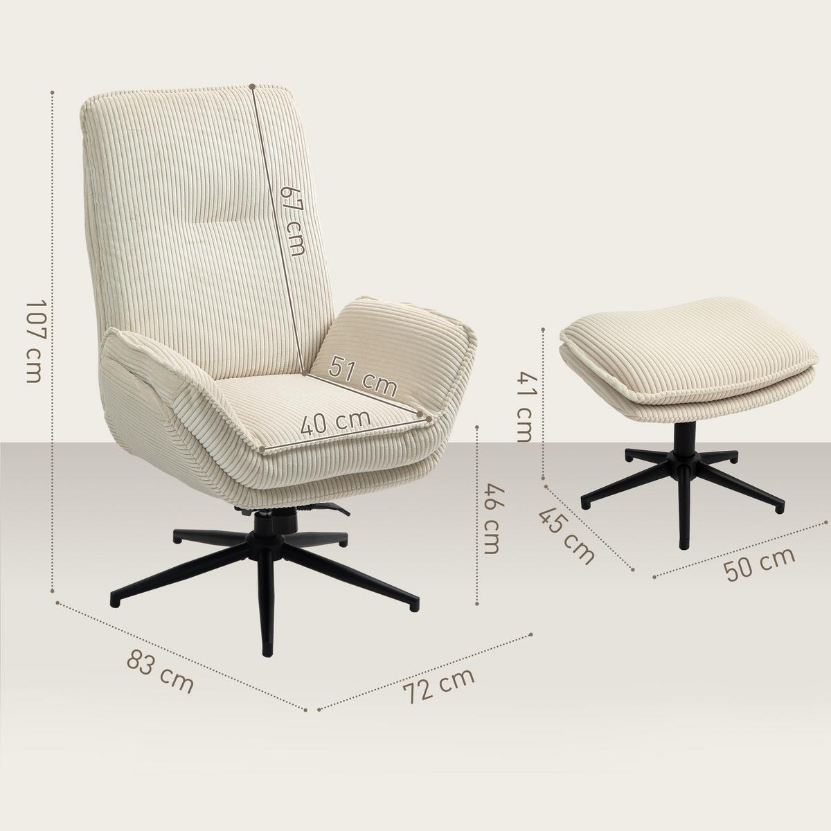 RELAXSESSEL mit Hocker 360°Drehbarer Fernsehsessel mit Liegefunktion, Cord Beige - Beige/Schwarz, Textil/Metall (72/107/83cm) - HOMCOM