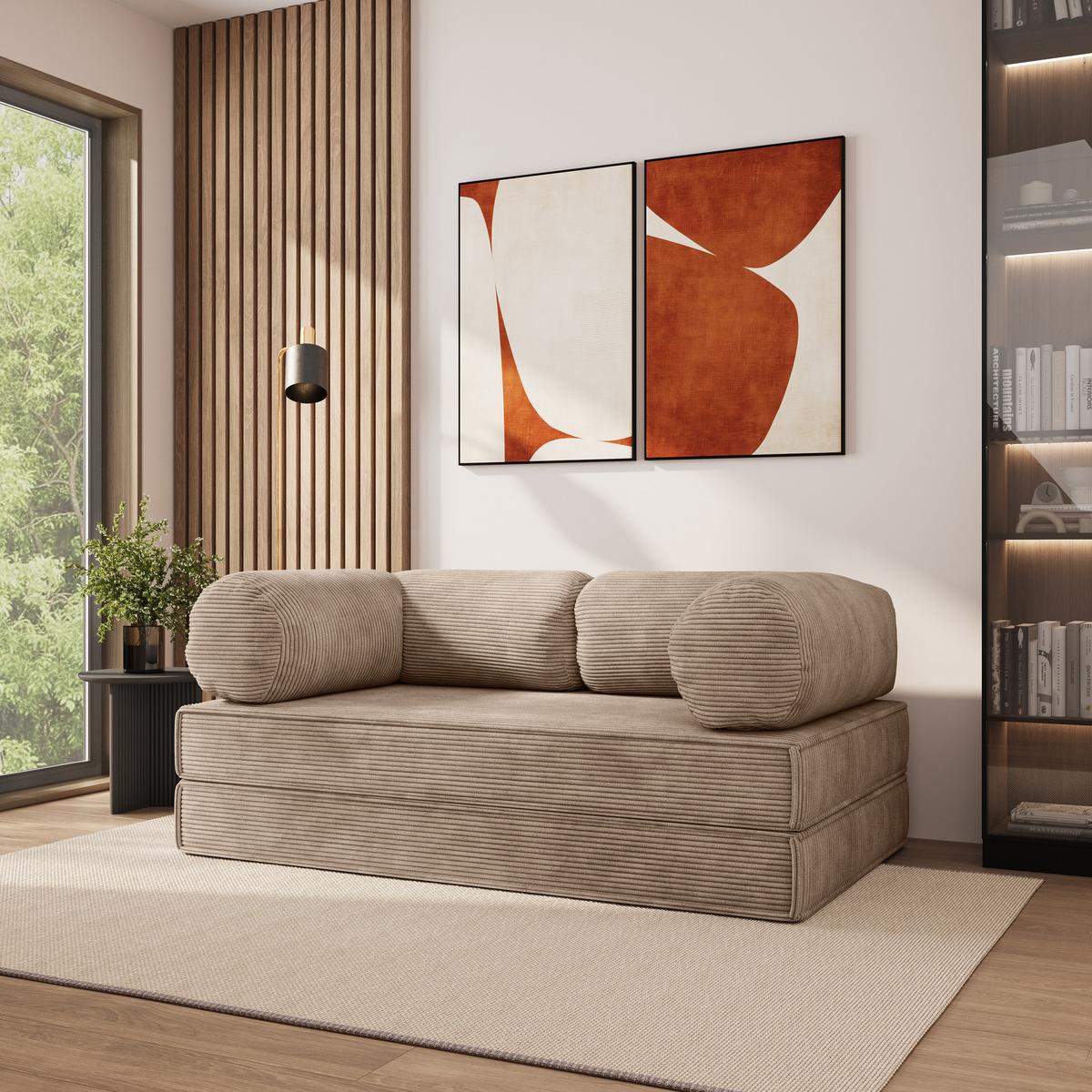 BETTSOFA ALVIO aus Schaumstoff Kordstoff Beige Schlaffunktion - Beige, Textil (170/68/80cm) - MASSENO