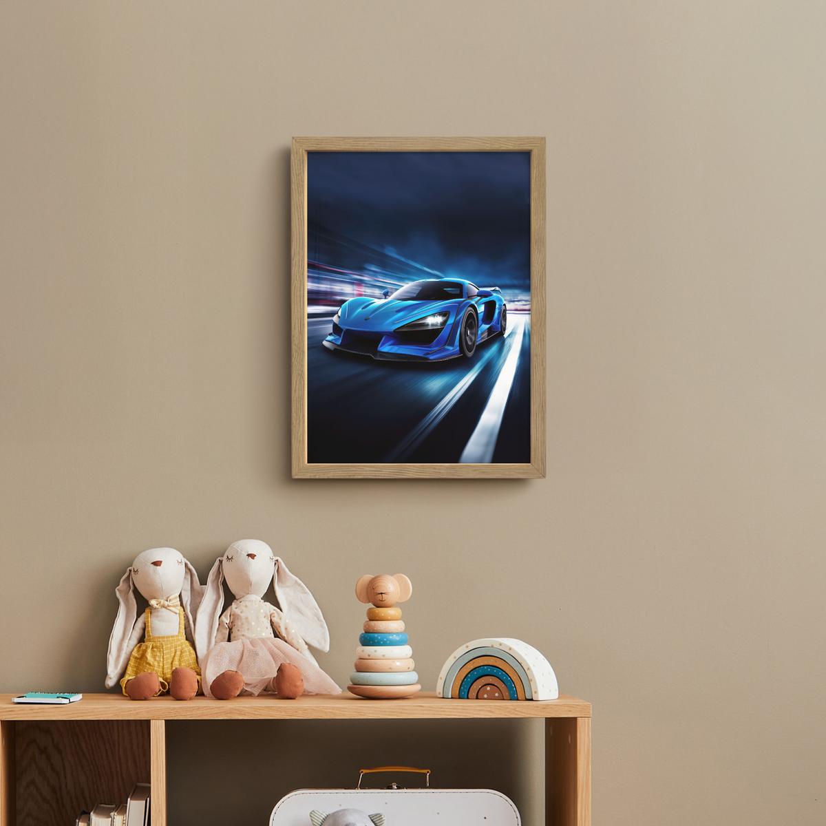 NACHTTISCHLAMPE MIT AKKU Auto - Blau - Jungen - Kind 30x40 cm - Blau, Holzwerkstoff (8/30/40cm) - OnlyWow