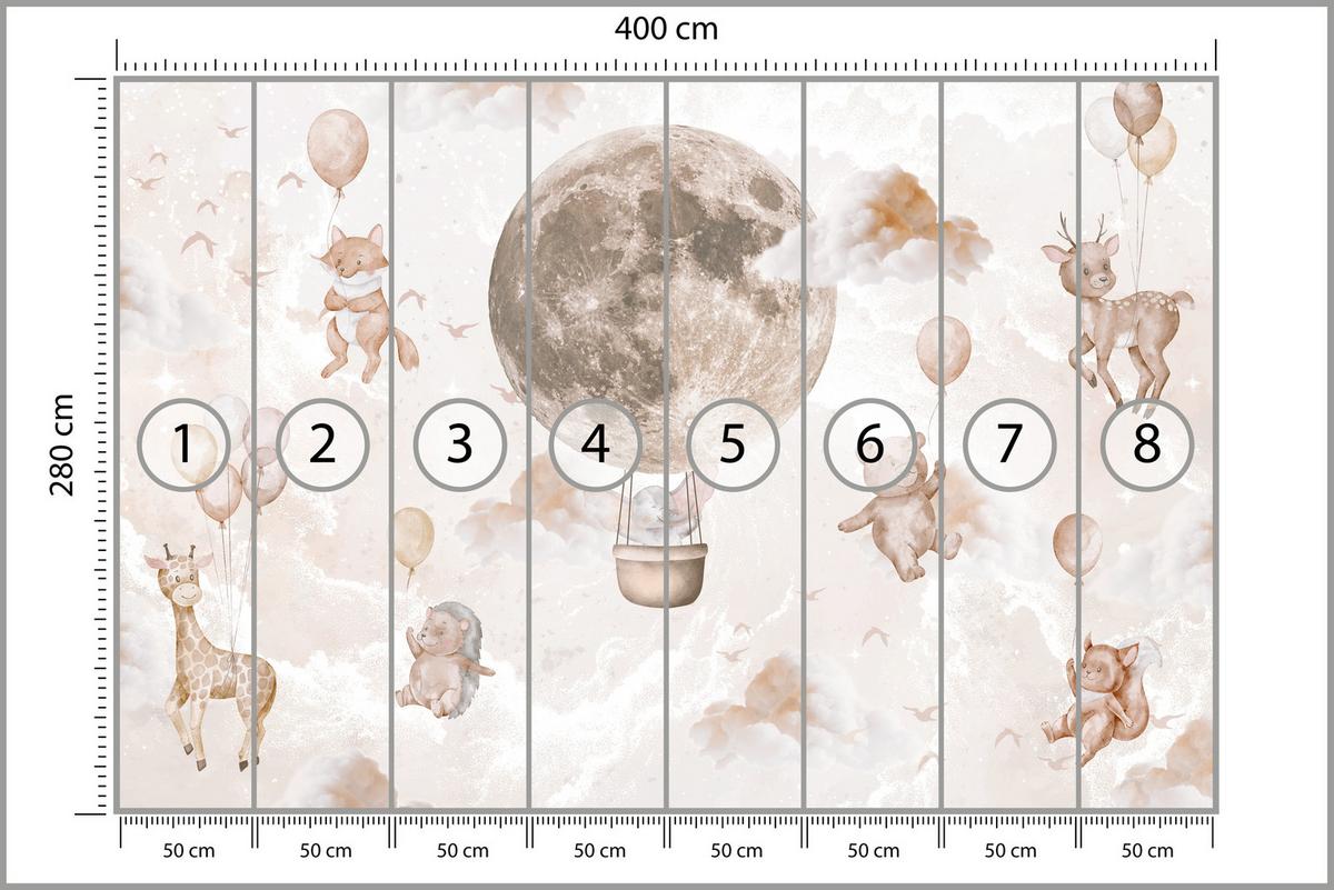 FOTOTAPETE für Kinderzimmer Mond Ballons Bär Rehkitz Giraffe Wolken 400x280 - Beige/Rosa, Papier (400/280cm) - Muralo