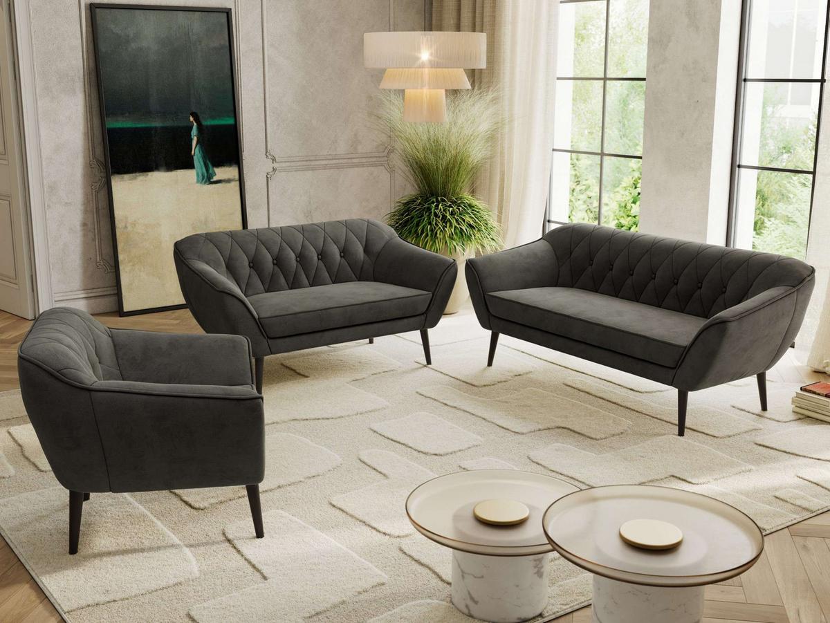 SITZGARNITUR PIRS 3+2+1 - Dunkelgrau Velvet - Schwarze Beine - Dunkelgrau/Schwarz, Holzwerkstoff/Textil (180/75/74cm) - MKS