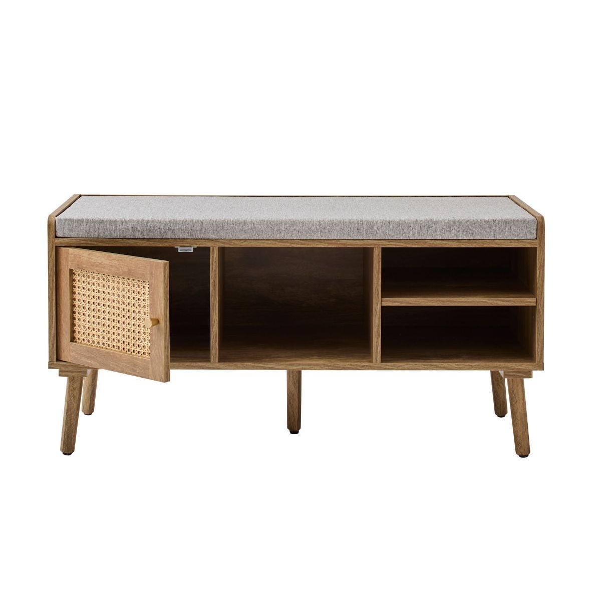 SCHUHBANK 1 Tür mit Rattanfront und 3 offenen Fächern L100 cm 39/100/49 cm - Eschefarben, Holzwerkstoff (46/49/39cm) - Calicosy