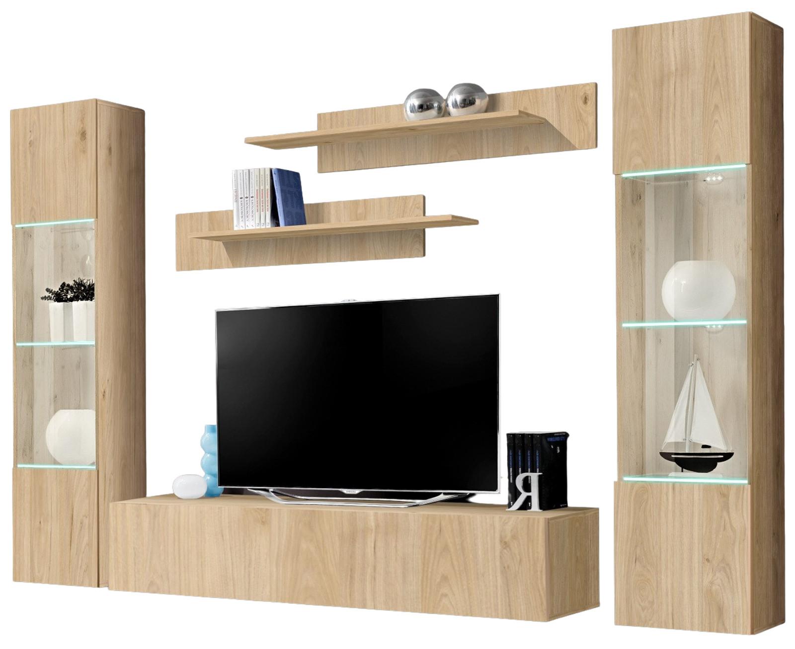 WOHNWAND Eiche Jackson 5-teilig 260 cm, Schrankwand hängend mit LED-Beleuchtung - Eichefarben, Glas/Holzwerkstoff (260/170/40cm) - Inn.Furn