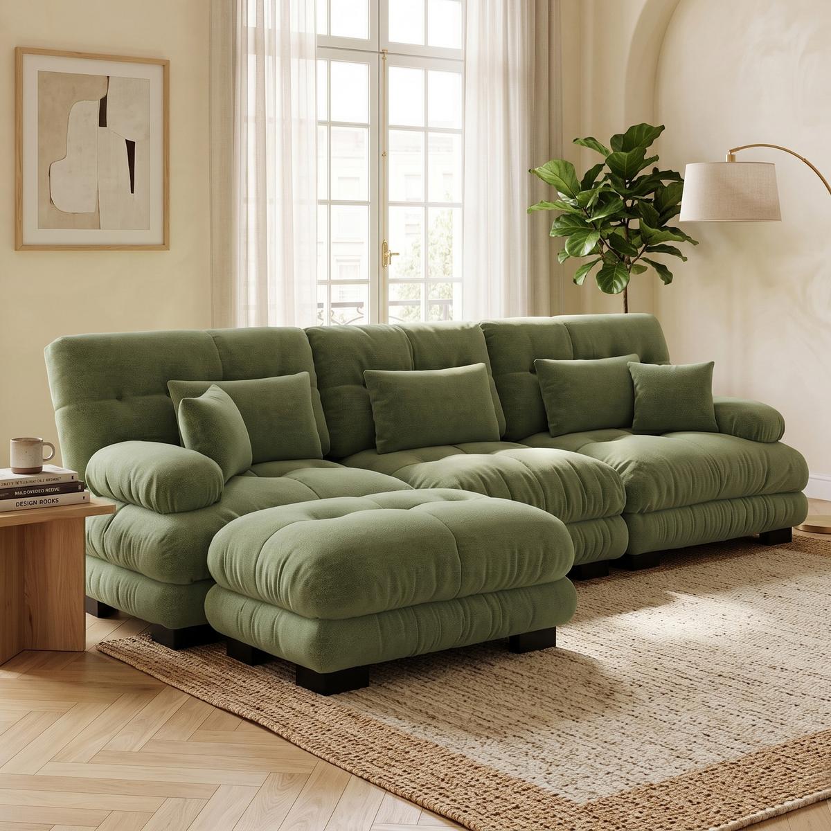 ECKSOFA Modulares 313cm Chenille Cloud-Sofa mit Ottoman für das Wohnzimmer - Grün, Textil (313/145cm) - Urban Meuble