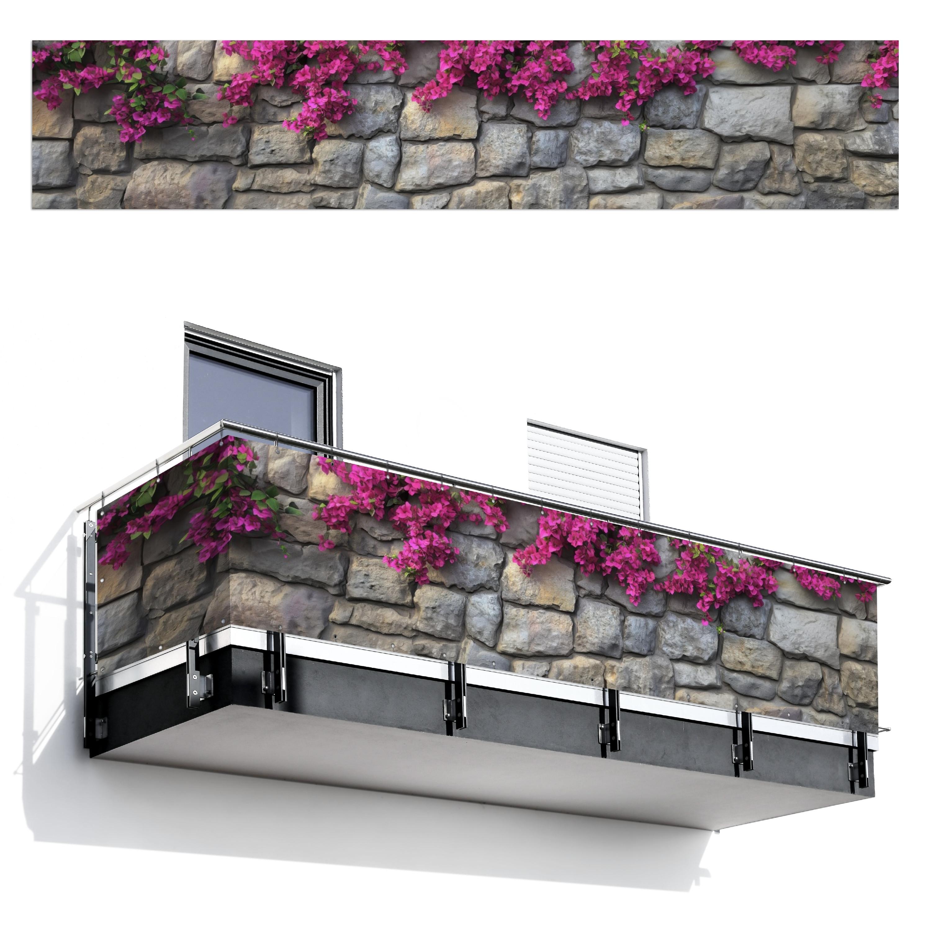 BALKON-SICHTSCHUTZ Bougainvillea - Steinmauer - Rosa Deko XXL 500x100 cm - Magenta, Kunststoff (500/100cm) - MuchoWow