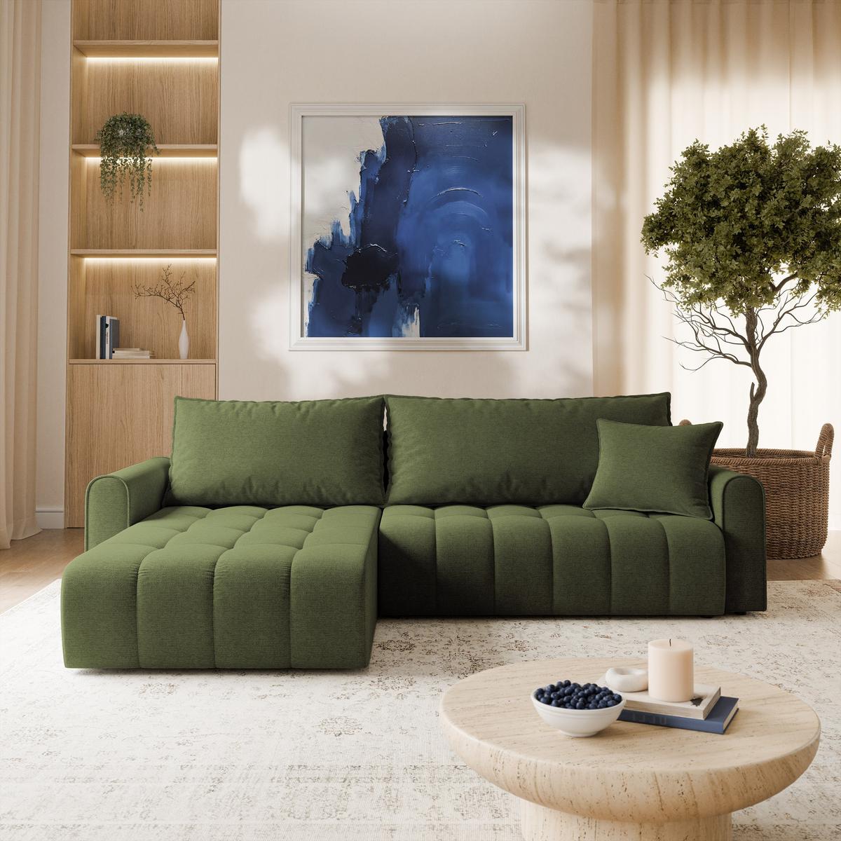 ECKSOFA FRIGA Olivgrün Strukturstoff mit Schlaffunktion - Olivgrün, Holz (283/185cm) - MASSENO