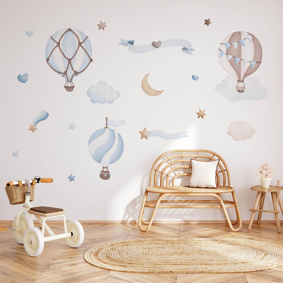 STICKER SET für Kinder blaue Luftballons Wolken Sterne Boho 120x60 - Beige/Braun, Papier (120/60/1cm) - Muralo