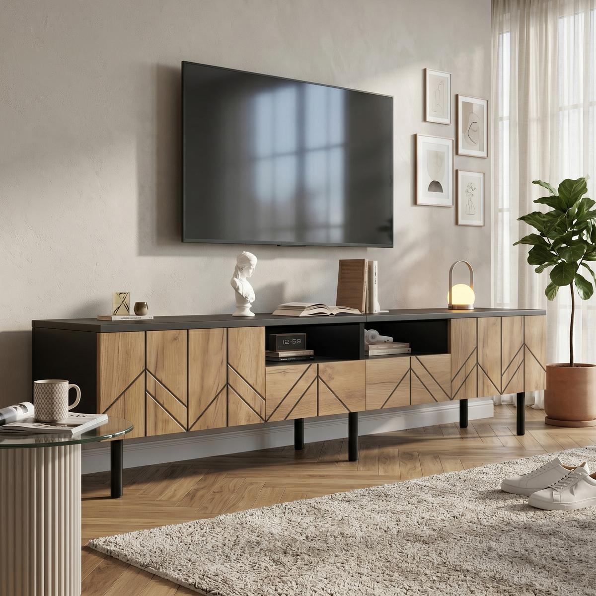 TV-LOWBOARD 180cm Schwarz & Holzoptik mit Türen & Schubladen - Naturfarben, Holzwerkstoff (180/45/40cm) - Urban Meuble
