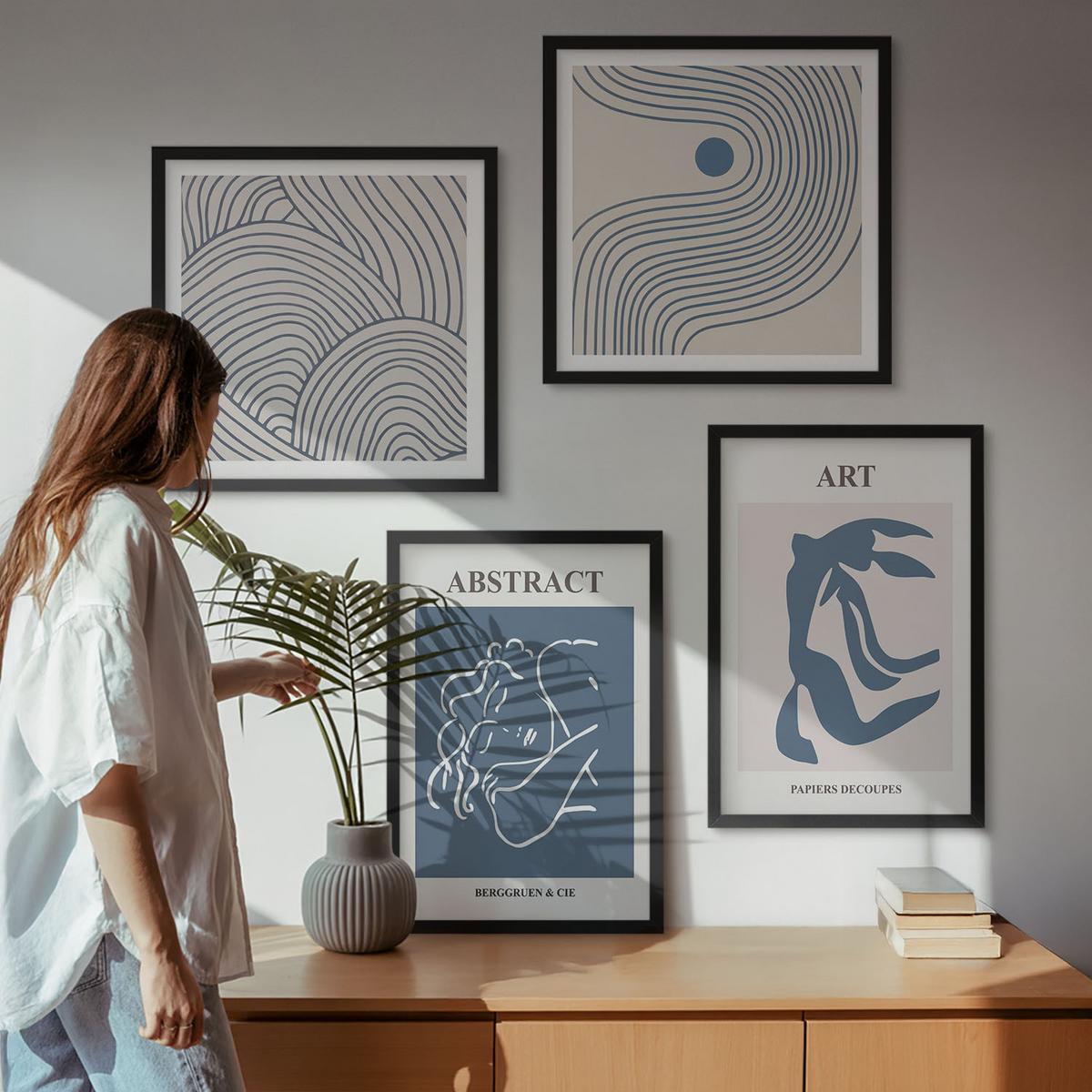 BILDER SET 4er Set - 50x50 cm & 40x60 cm Schwarzer Rahmen - Poster mit abstrakten Linien und Wellen - Schwarz, Kunststoff (50/50cm) - TULUP