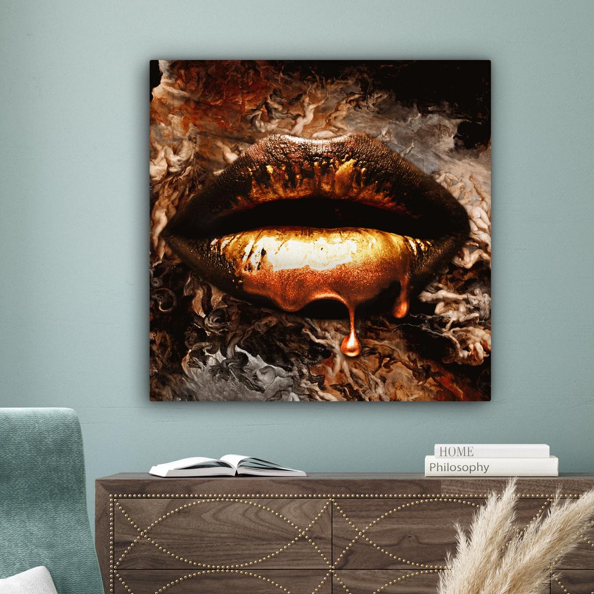 LEINWANDBILD Gold - Lippen - Kunst - Gold - Luxus - Abstrakt Deko Groß 90x90 cm - Kupferfarben, Textil (90/90cm) - MuchoWow