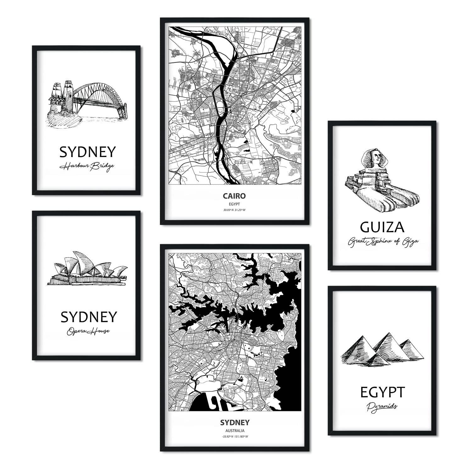 POSTER Set Mit 6 Von Ägypten Und Sidney Sammlung A3 & A4 Schwarzer Rahmen - Schwarz, Papier (29/3cm) - Nacnic