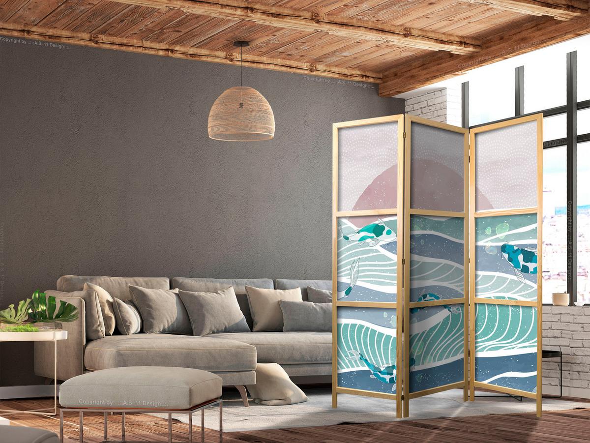 PARAVENT Japanischer 3-tlg 135x172 cm Koi-Fische Meereswellen - Multicolor, Holz/Textil (135/172/3cm) - Muralo