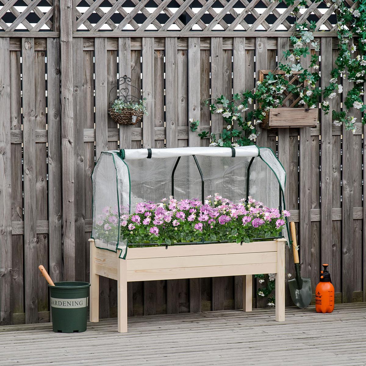 HOCHBEET Frühbeet mit Gewächshaus, Blumenkasten für Garten, Balkon, Tannenholz, Natur - Fichtefarben, Holz/Kunststoff (55/117/121cm) - Outsunny