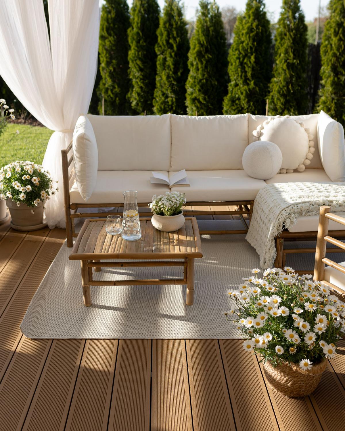 LOUNGE SET 5-Sitzer Bambusholz hellbraun 4-teilig Auflagen cremeweiß Cerreto - Creme, Holz - Beliani
