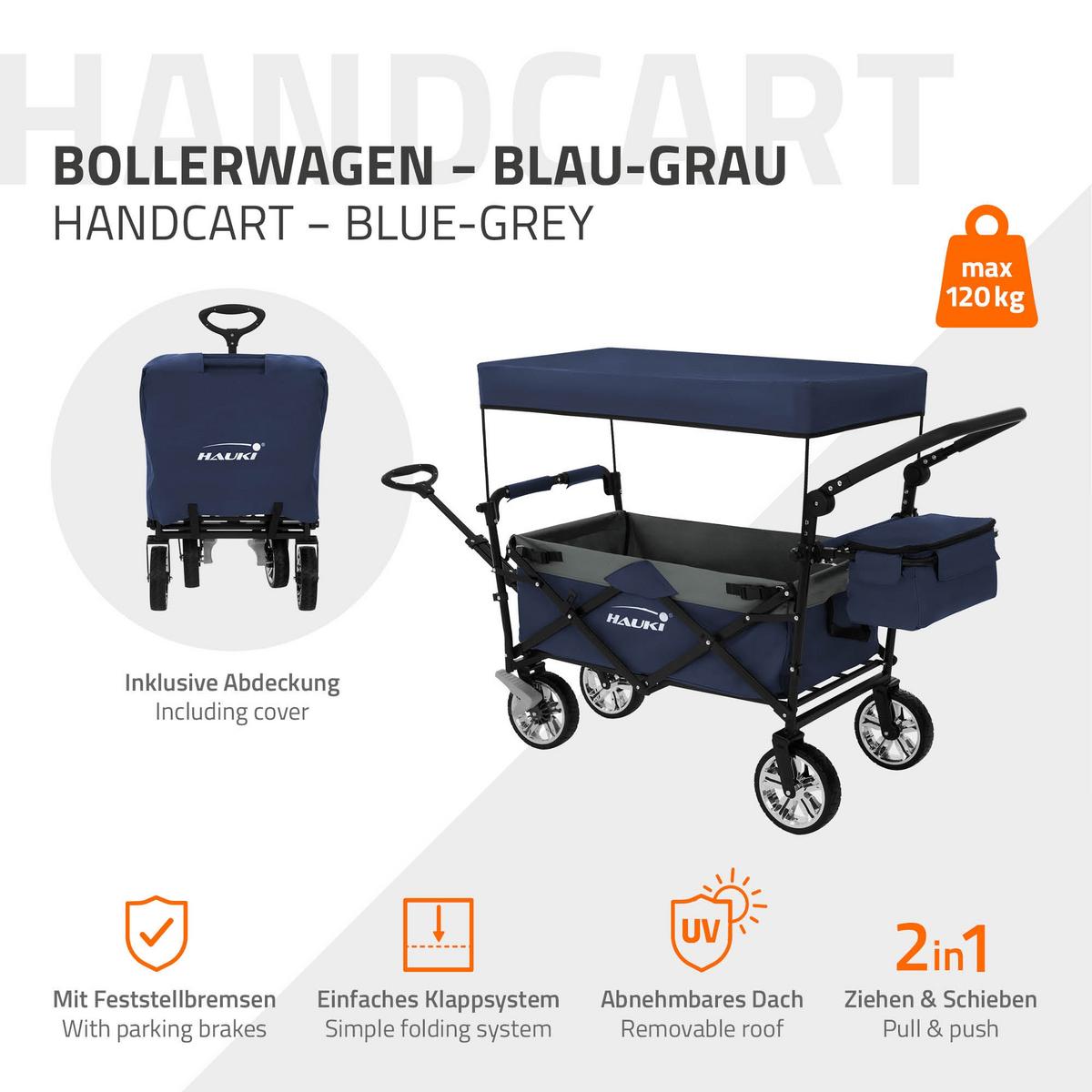 BOLLERWAGEN faltbar mit Dach XXL Blau-Grau Handwagen für Kinder Strand Picknick - Blau, Metall (56/99/196cm) - Hauki