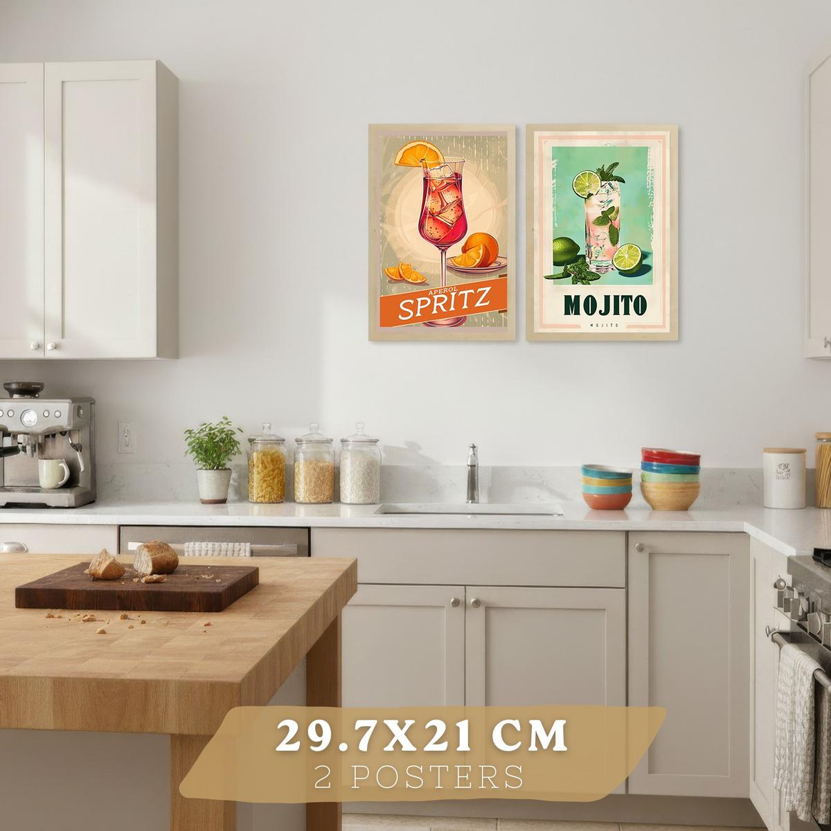 POSTER 4er Set Cocktail-Wandbilder Mojito Gin Tonic und Limoncello Vintage Retro Küche Bar Deko Leichter Holzrahmen A4 - Beige, Papier (29.7/1/21cm) - Nacnic