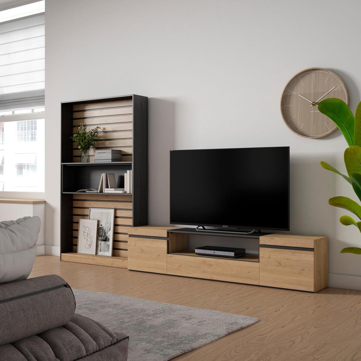 WOHNWAND Wohnzimmer, eiche, schwarz, 310/35/186cm - Eichefarben/Beige, Holzwerkstoff (310/186/35cm) - Skraut Home