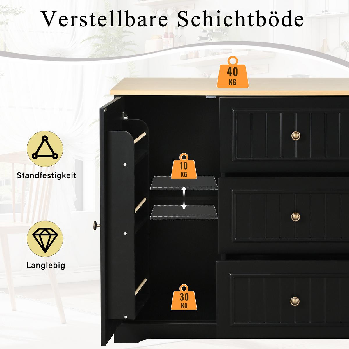SIDEBOARD mit 3 schubladen & kühlschrank-türen - Schwarz, Holzwerkstoff (126/86/40cm) - Urban Meuble