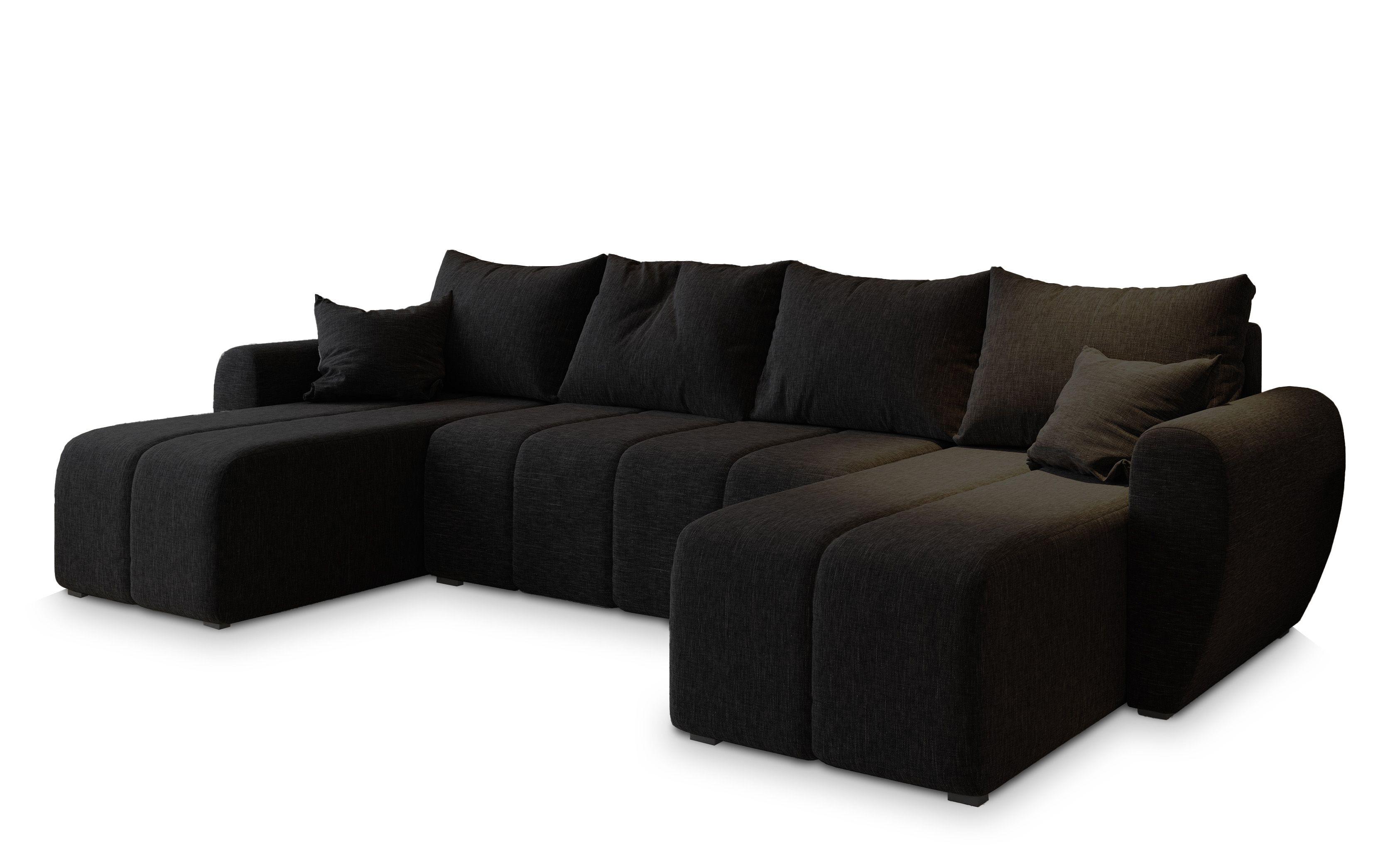 WOHNLANDSCHAFT MADISON U Schwarz Dünner Stoff mit Schlaffunktion - Schwarz, Holz/Kunststoff (311/82/145cm) - MASSENO