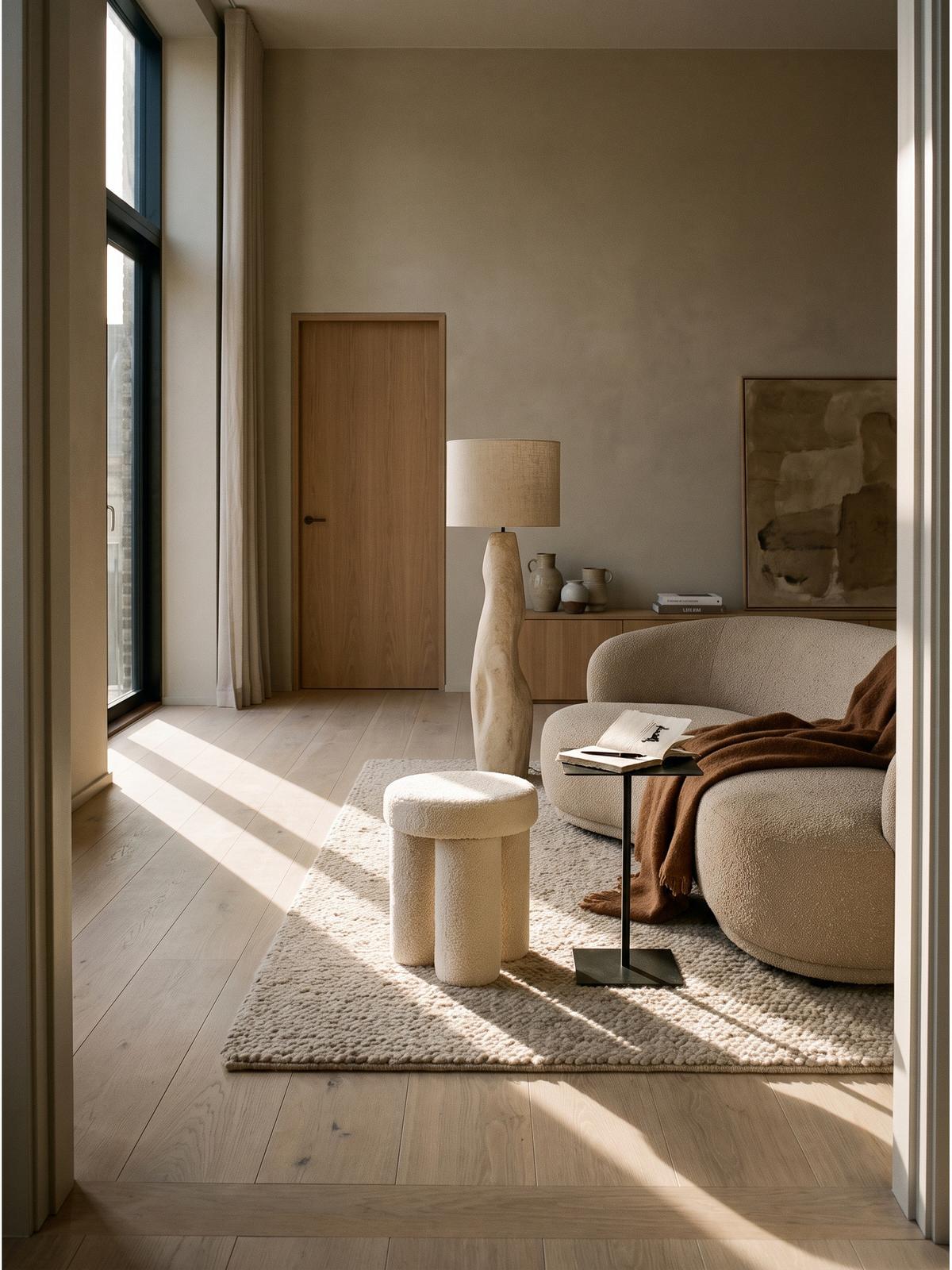 SITZHOCKER AVEN, Teddystoff, mit Textilbezug, Creme, Ø 40 x 45 cm - Beige/Creme, Textil (40/45/40cm) - KADIMA DESIGN