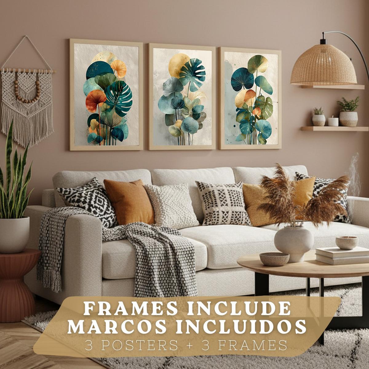 POSTER 3er-Set Wandbilder Pflanzen modern Wohnzimmer Deko, Schlafzimmer, Küche, Badezimmer Leichter Holzrahmen A3 - Beige, Papier (29.7/1/42cm) - Nacnic