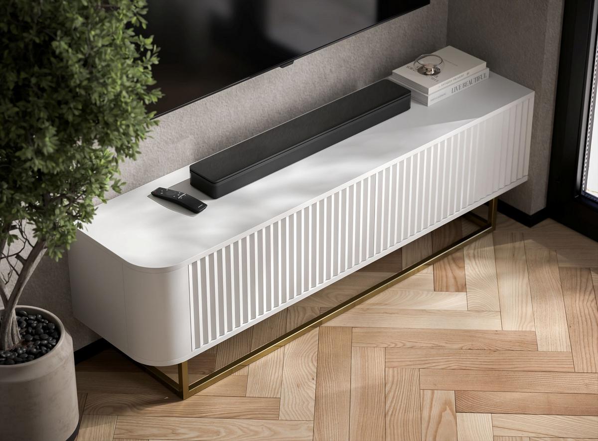 TV-LOWBOARD Aurora in Weiß matt 140 cm mit goldenem Metallrahmen - Schwarz/Weiß, Holzwerkstoff/Metall (140/44/35cm) - Meble Lindner