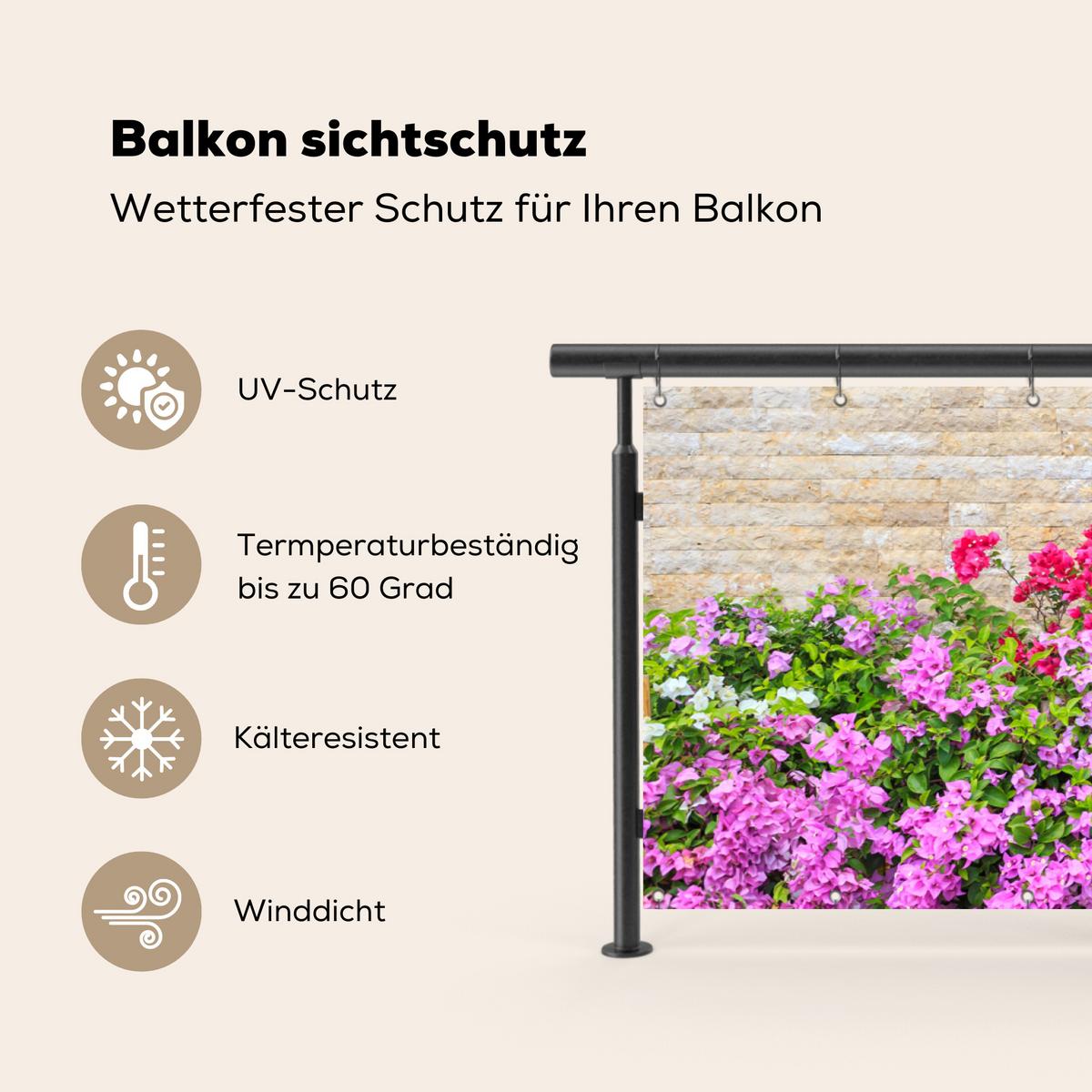 BALKON-SICHTSCHUTZ Blumen - Pflanzen - Blätter - Steine Windschutz 300x100 cm - Pink, Kunststoff (300/100cm) - MuchoWow