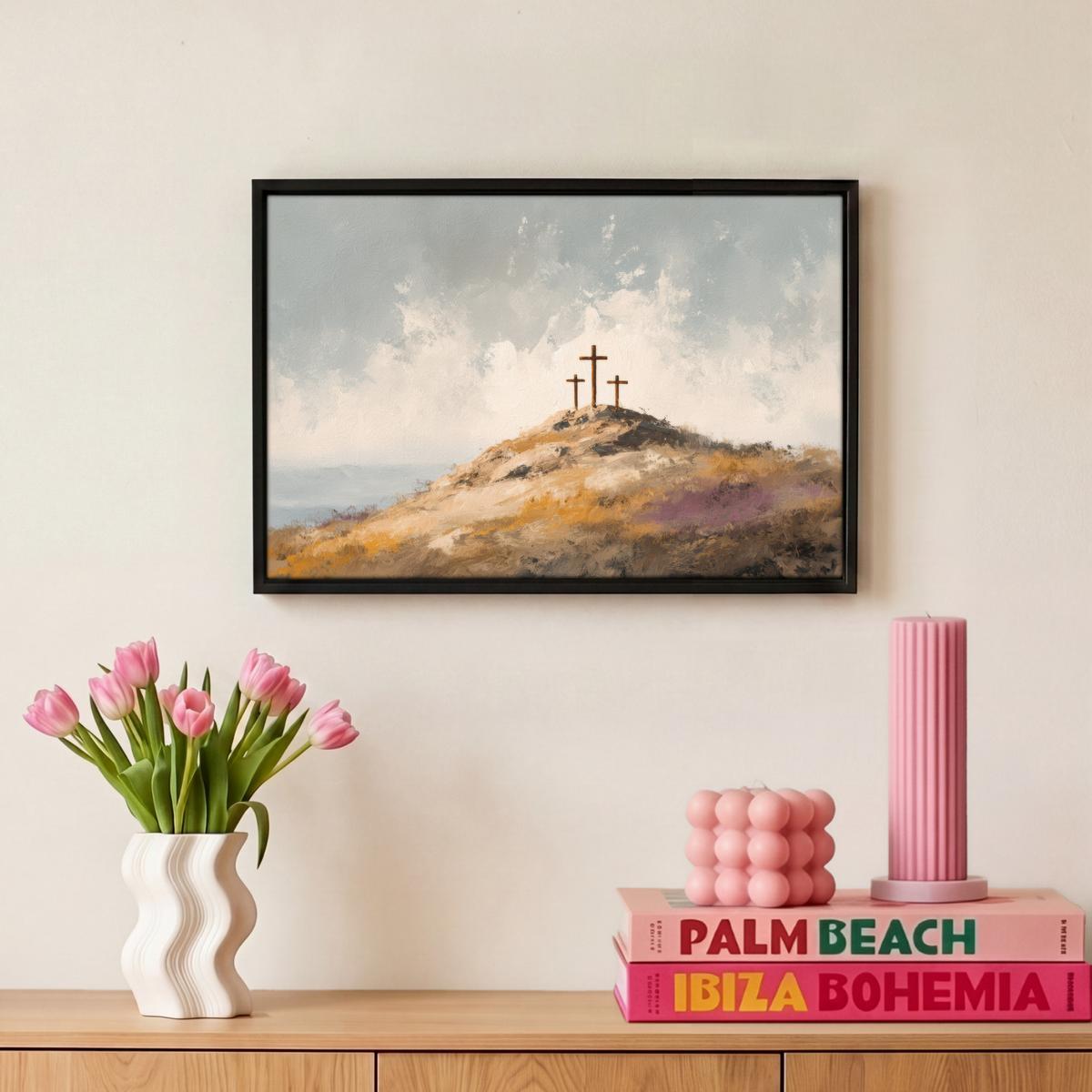 LEINWAND Bilder mit Rahmen - Hügel - Abstrakt - Christentum - Kreuz - 30x20 - Hellgrau, Textil (30/20cm) - MuchoWow