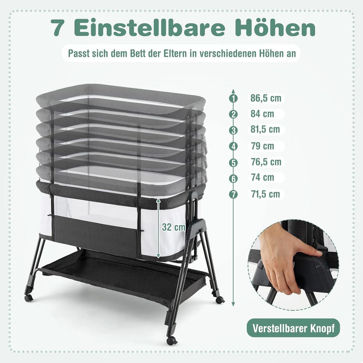BABYBETT 2 in 1 Beistellbett Stubenwagen klappbar Grau - Grau, Metall - COSTWAY