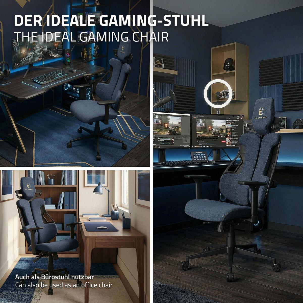 GAMINGSTUHL mit Stoffbezug in Blau Individuell Einstellbar - Blau/Schwarz, Kunststoff/Textil (69/142/68cm) - ML-DESIGN