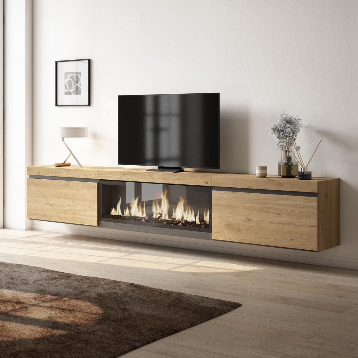 LOWBOARD, mit Elektrokamin XXL, Hängend, Eiche, 267/35/45cm - Eichefarben/Beige, Holzwerkstoff (267/45/35cm) - Skraut Home
