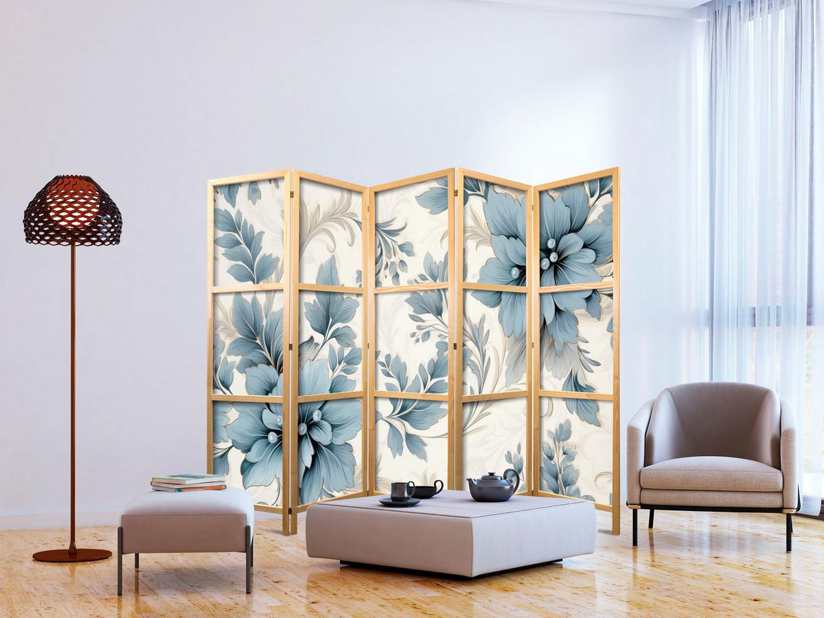 PARAVENT Japanischer 5-tlg 225x172 cm Pflanzen Ornamente - Blau, Holz/Textil (225/172/3cm) - Muralo